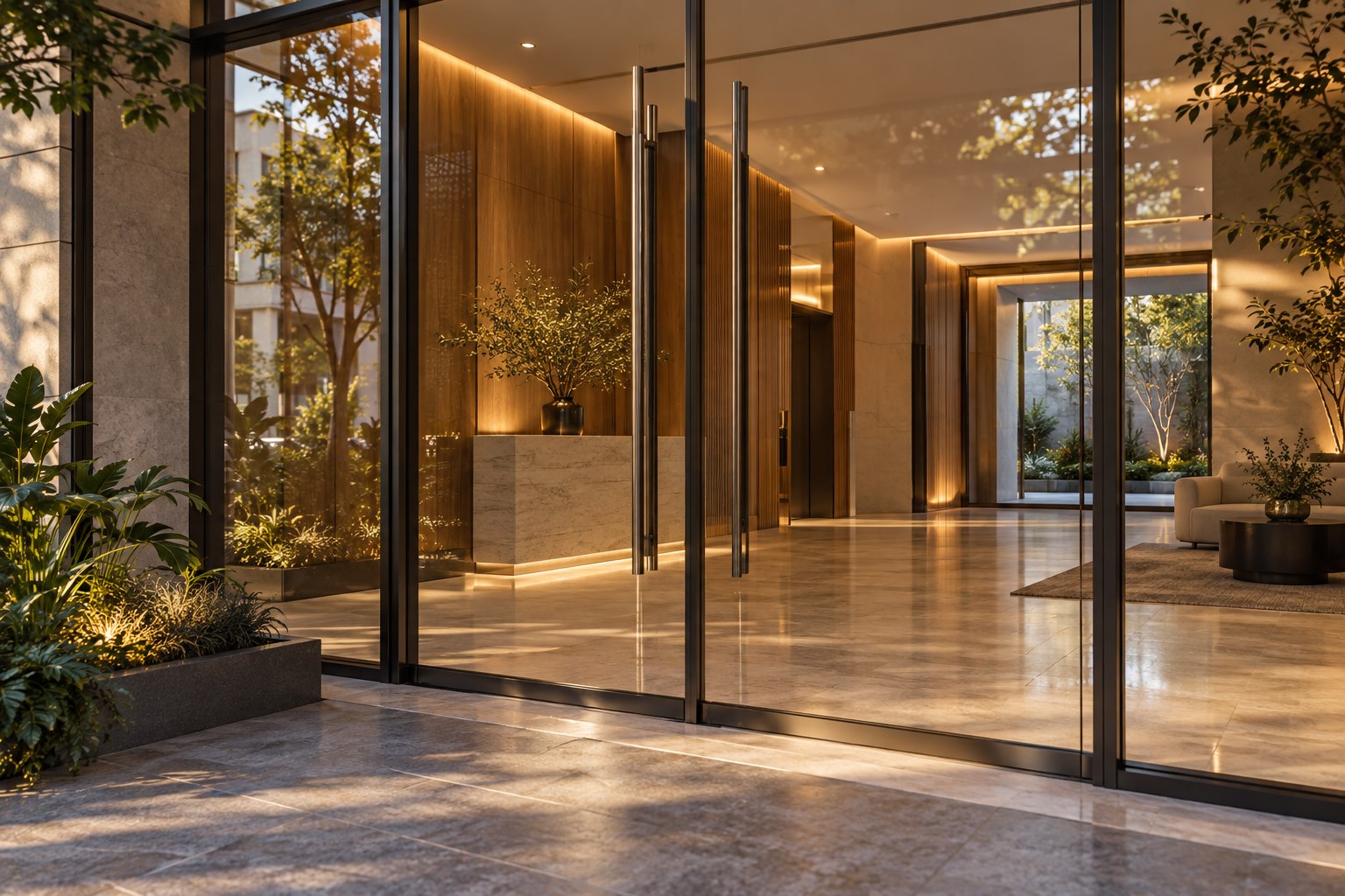 Hall contemporáneo con puertas blindex e iluminación cálida