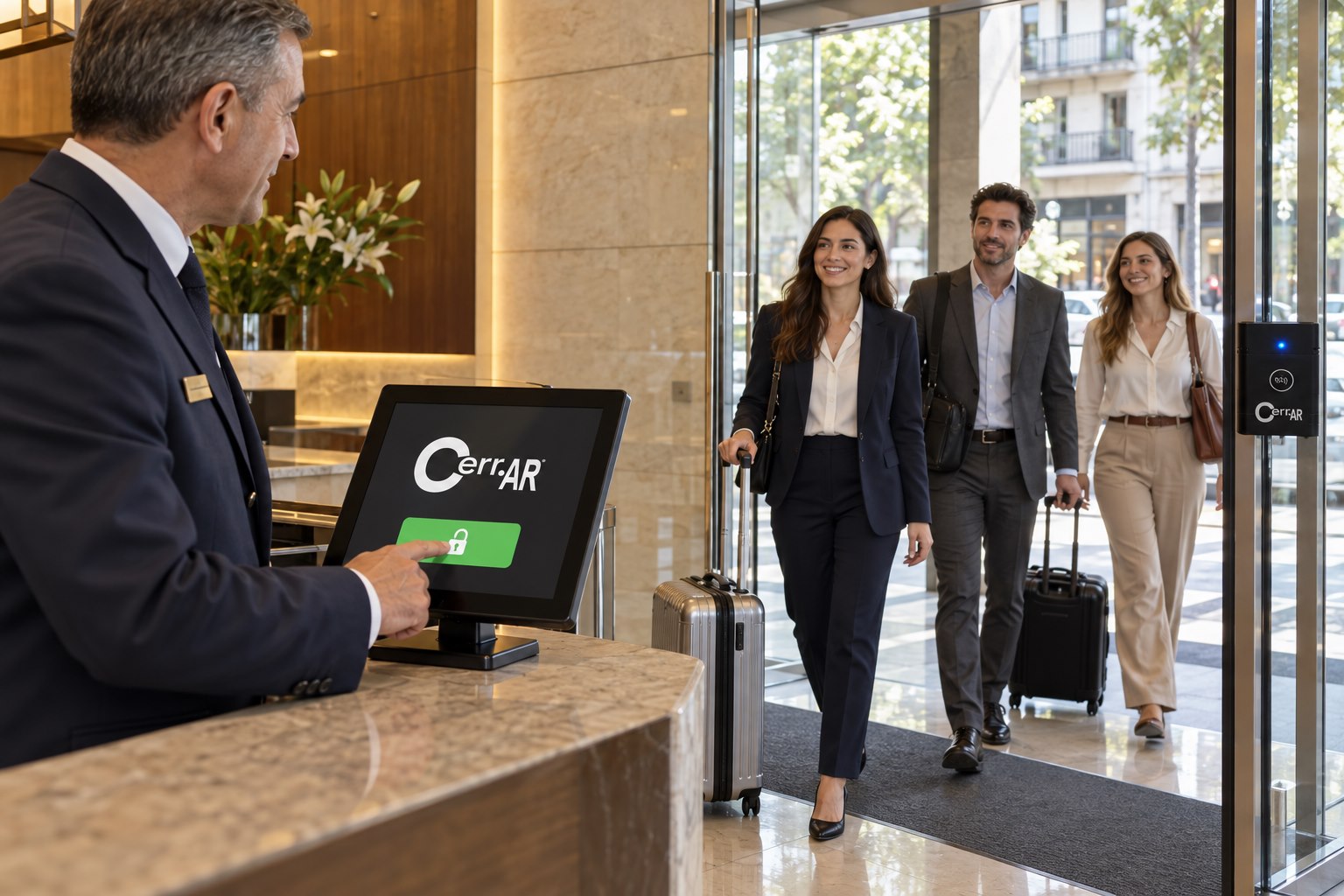 Portero usando un equipo de acceso con logo Cerr.AR en recepción y personas con ropa de oficina y valijas carry-on entrando por la puerta blindex
