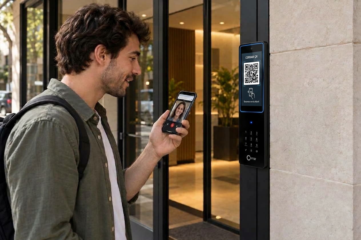 Un visitante conversa por Portero QR junto a un lector NFC Cerr.AR en la entrada de un edificio