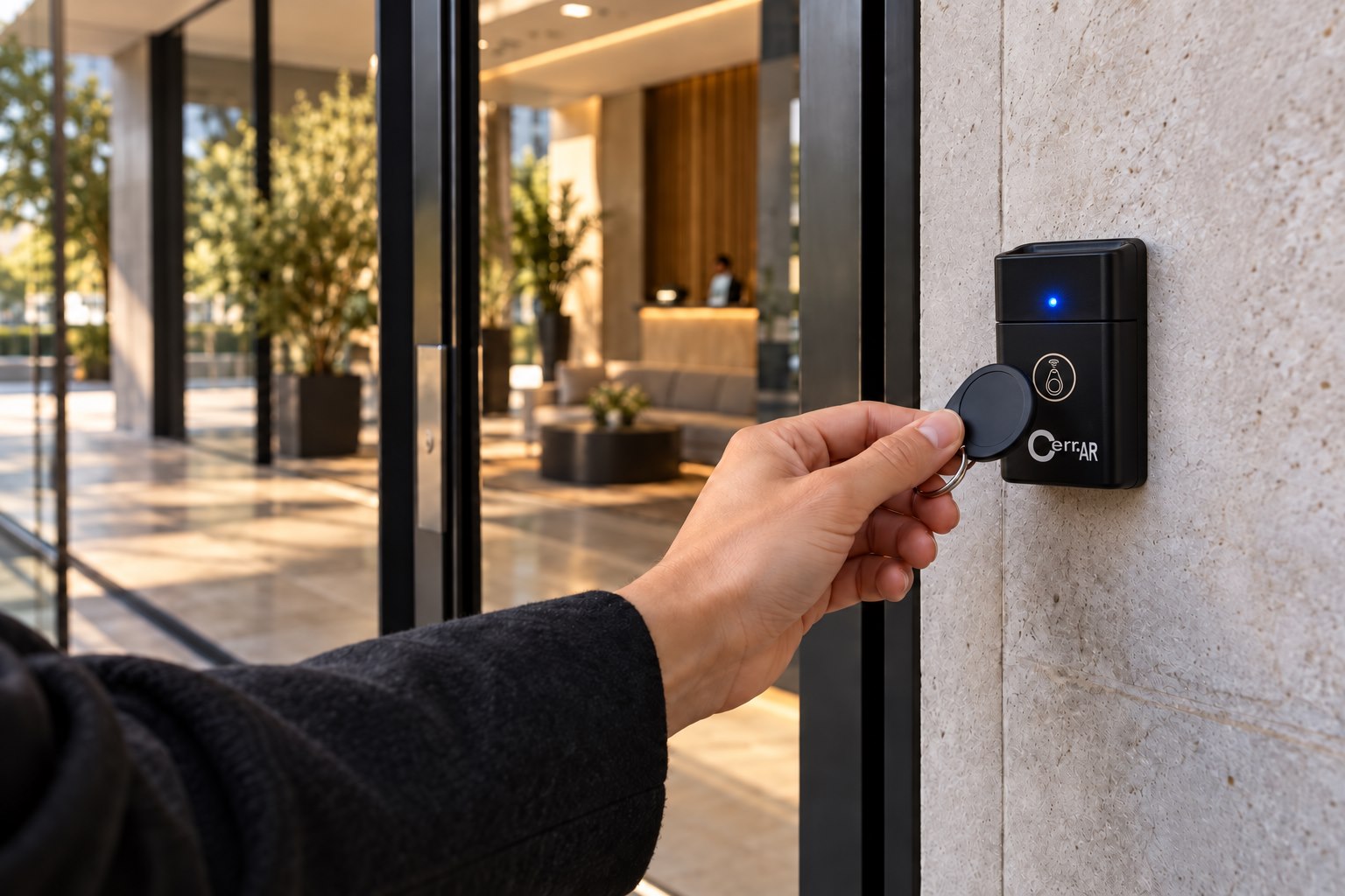Una persona usa un tag NFC en un lector Cerr.AR negro con LED azul y logo